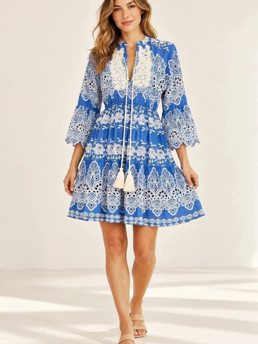 Golden Fish "Caught in Croatia" Embroidered Eyelet Mini Dress